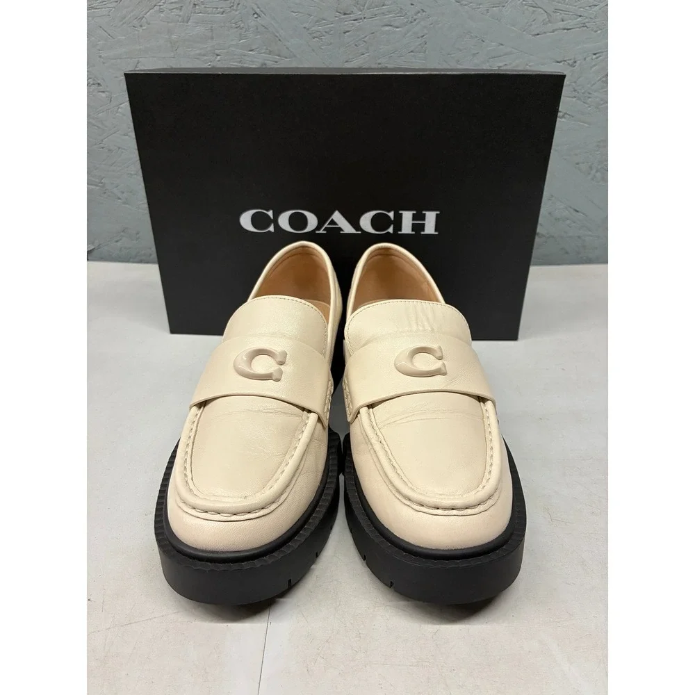 Coach Leah Platform Lug Sole Loafers Womens 7 Off White Leather C Logo CB990
